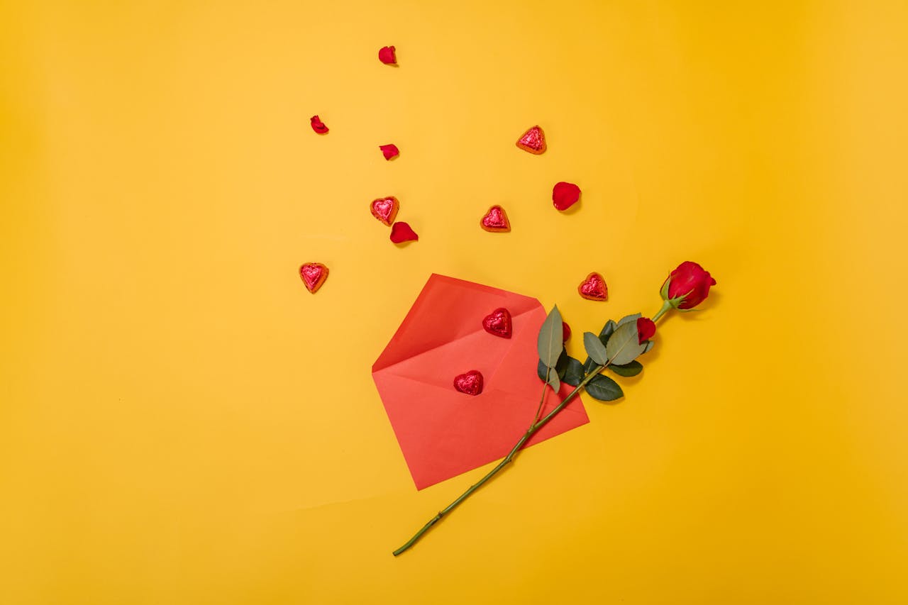 A romantic setting with a red rose, envelope, and heart-shaped candies on a yellow background.